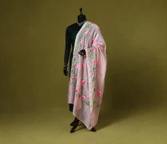 Hand Painted Blush Pink Organza Dupatta with Lotus Floral Vine Art